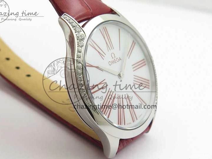 0402 Ladies’ De Ville Trésor Diamond SS 3AF 1:1 Best Edition White Dial On Red Leather Strap Swiss Quartz Snug 7885